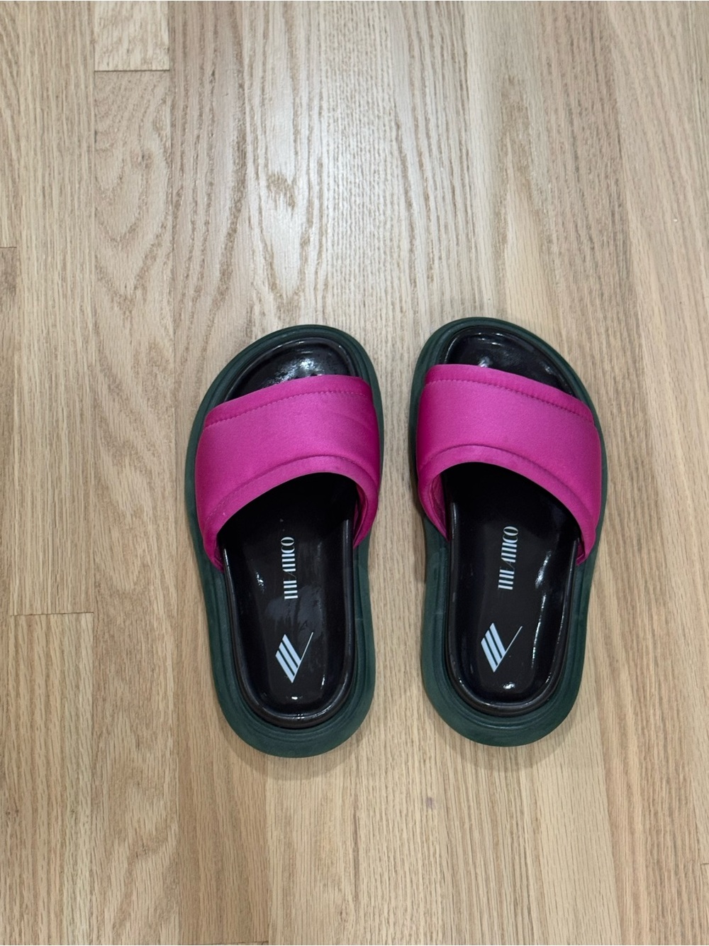 The Attico Pink and Dark Green Slide Sandals